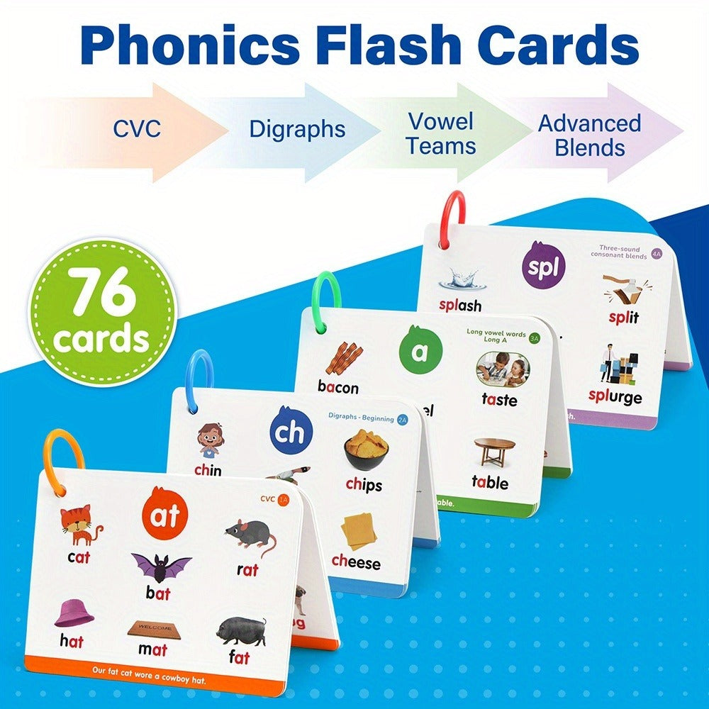 Phonics Flash Cards for Kids 76 Cards 24 Principles, CVC Digraphs Consonant Blends Long Vowels