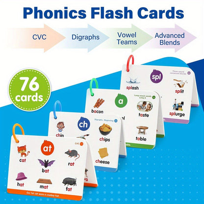 Phonics Flash Cards for Kids 76 Cards 24 Principles, CVC Digraphs Consonant Blends Long Vowels