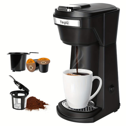 Single-Serve Coffee Maker for Pods or Grounds with 6-14oz Fill Labels, One-Button Control and Four Colors