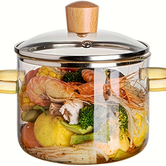 1.6L Transparent Glass Cooking Pot with Lid and Green or Yellow Side Handles for Soup, Noodles and Milk