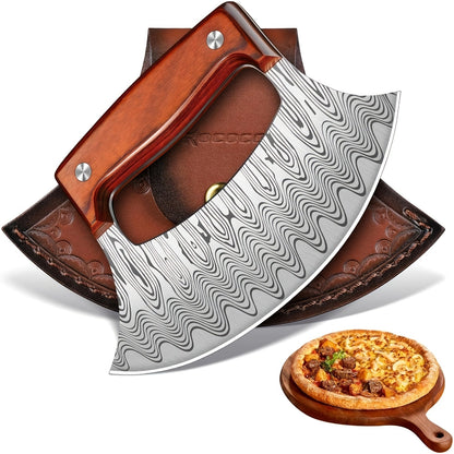 Hand-Forged Ulu Knife Rocker Blade High Carbon Steel Full Tang Rosewood Handle with Leather Sheath & Gift Box