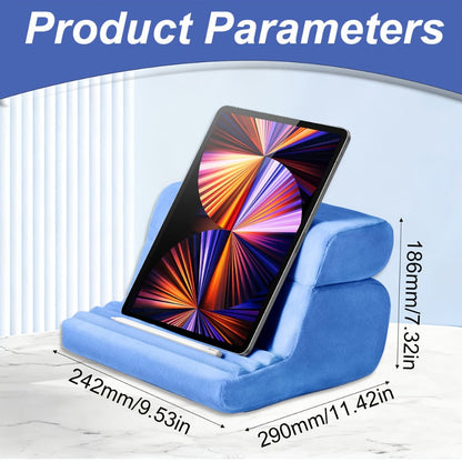 Soft Foldable Tablet Pillow Stand in Black or Blue with Three Viewing Faces, Storage Pockets and 242 × 186 × 290 mm Label