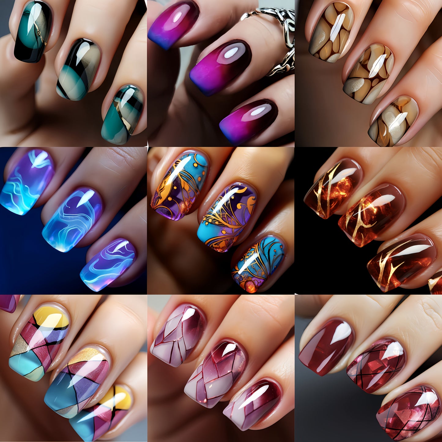Press On Nails 216-Piece Medium Square Set with Marble, Stripe, Gradient and Flame Designs