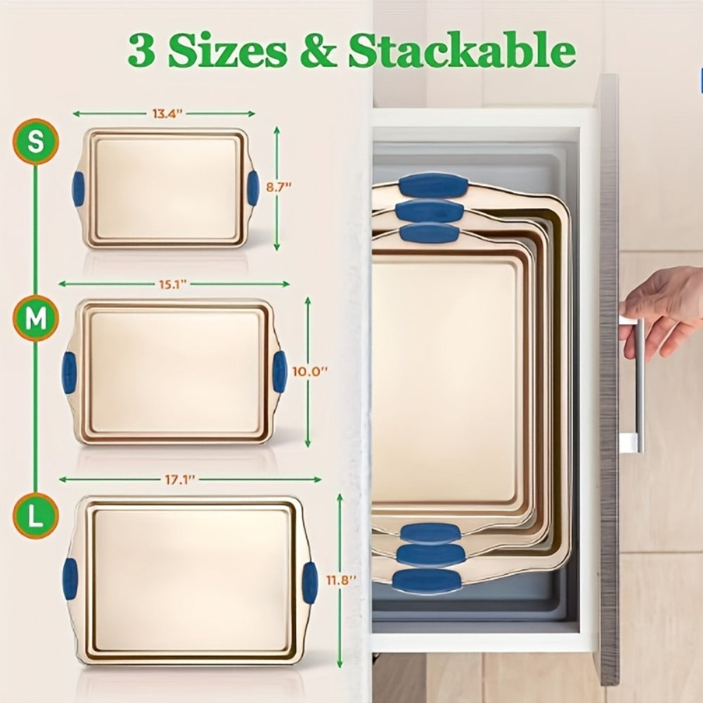 Nonstick Baking Sheet Set with Silicone Handles, Carbon Steel Cookie Sheet Pan Set in Assorted Sizes