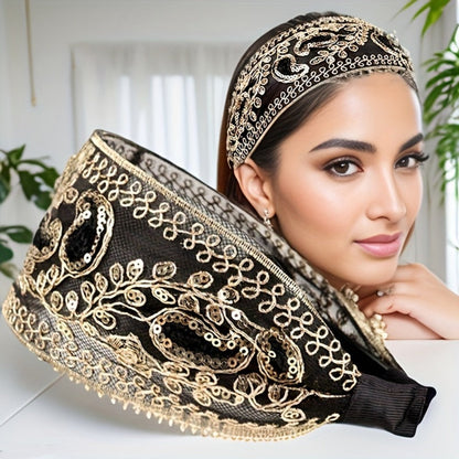 Hair Accessories Two-Piece Wide Embroidered Headband Set with Sequin Floral Details and Color Choices