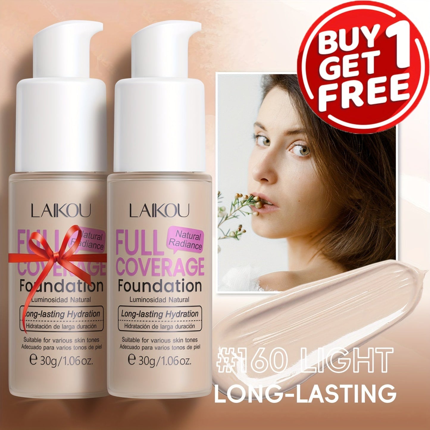 LALKOU 30g Liquid Foundation Two-Bottle Set with Pump Dispensers and Six Shades from Ivory to Tan
