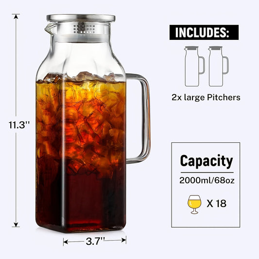 Square 68-Ounce Glass Pitcher with Metal-Look Lid and Handle in Two-, Six- or Twelve-Piece Packs