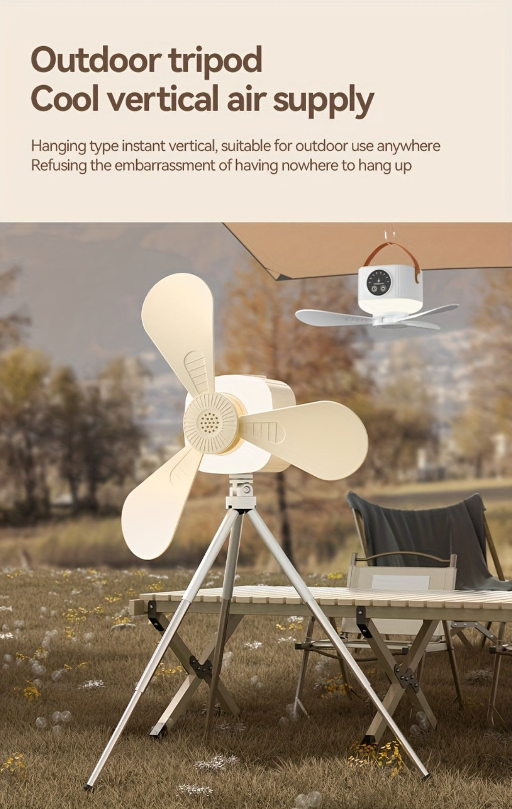 Camping Fan with Light & USB Rechargeable, Portable Outdoor Tent Fan with Tripod Stand, Detachable Blades