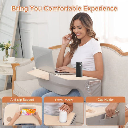 Gray Reading Lap Cushion with Armrests, Cup Holder, Side Pocket and Removable Top Pad for Bed or Sofa