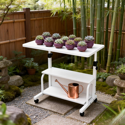 Garden Work Table 31.5" Adjustable Height Mobile Desk with Storage Shelves, Metal Frame, for Patio Outdoor Bedroom Office Potted Plant