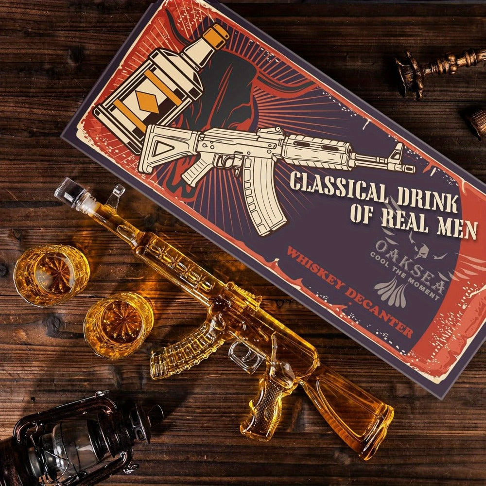Gun Whiskey Decanter Set with Glasses Military Themed Liquor Dispenser AK47 M1911 Revolver for Entryways, Bedrooms and Living Spaces