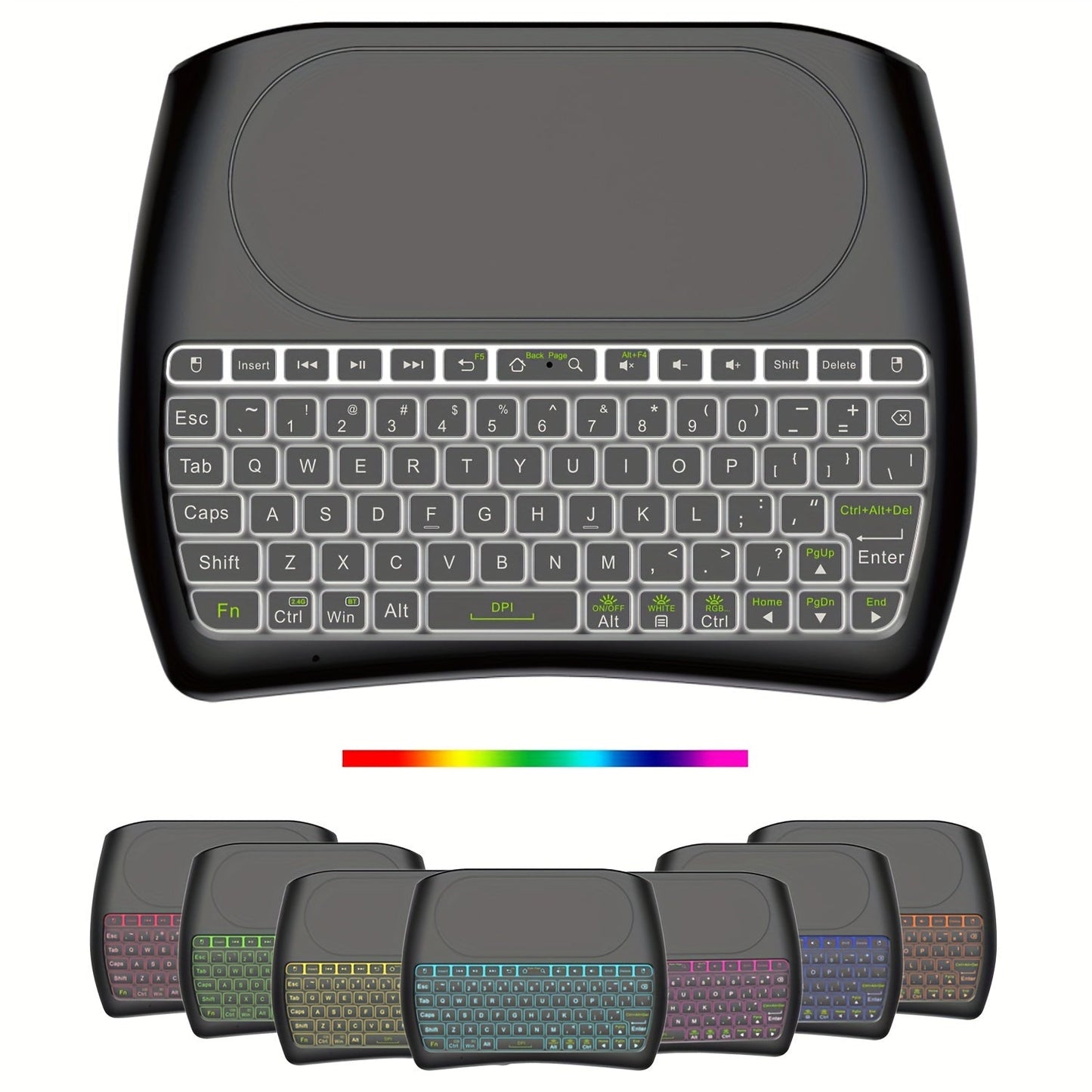 Wireless Mini Keyboard with Large Touchpad & 7-Color Backlight, Bluetooth & 2.4G Dual Mode Handheld Keyboard Remote Control