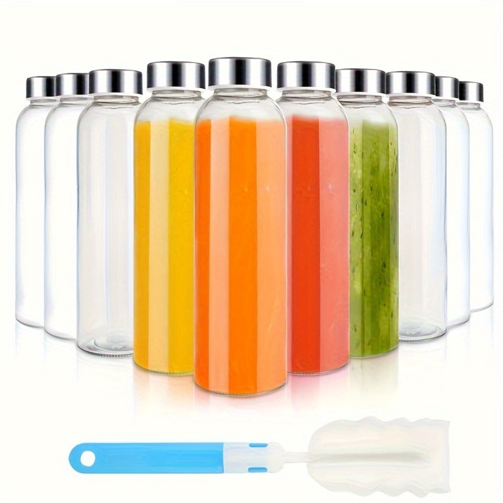Glass Water Bottles with Lids 18oz Set of 10 Reusable Clear Glass Juice Bottles Leak-Proof for Entryways, Bedrooms and Living Spaces