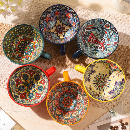 Six-Piece Colorful Patterned Coffee Mug Set with Wide Bowl Shape and 14-Ounce Image Marking
