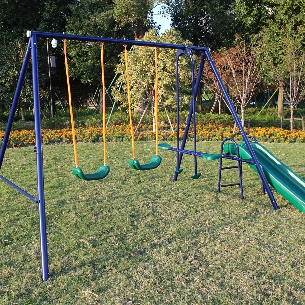 Heavy Duty A-Frame Metal Swing Set for Backyard with 2 Swings Slide Glider Seesaw Disc Seat Outdoor Playset for Kids Toddlers Backyard Play