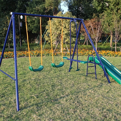 Heavy Duty A-Frame Metal Swing Set for Backyard with 2 Swings Slide Glider Seesaw Disc Seat Outdoor Playset for Kids Toddlers Backyard Play