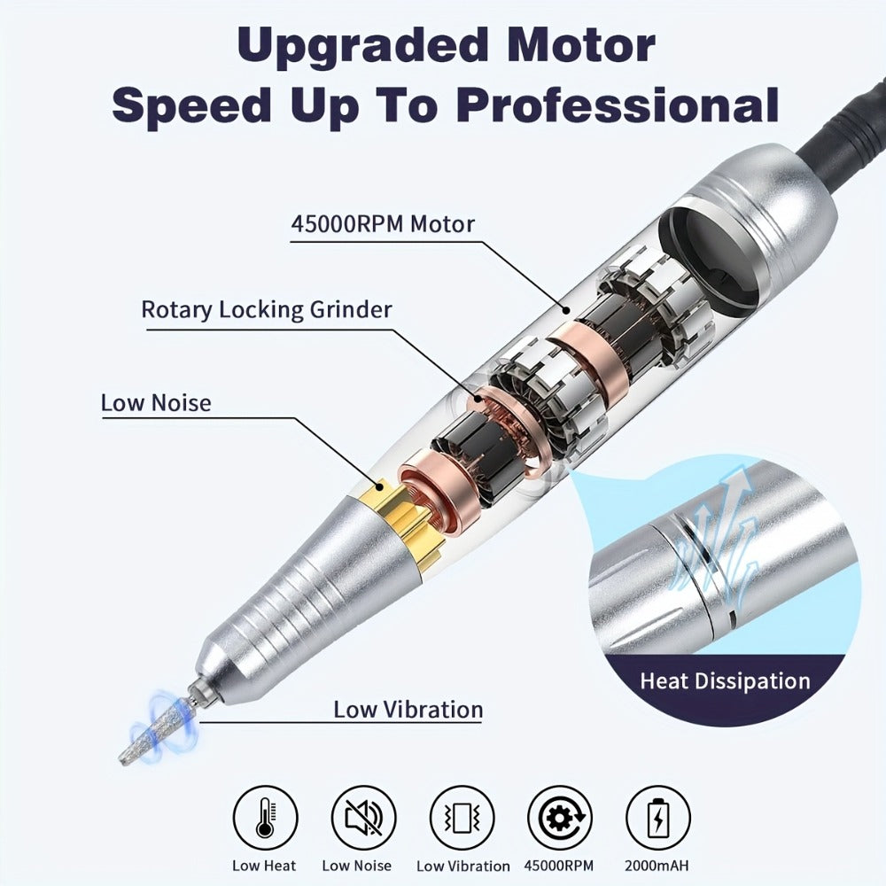 Low Noise Nail Drill Machine 45000RPM Rechargeable with LCD Display – Quiet Electric E-File for Gel Polish Acrylic Natural Nails