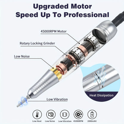 Low Noise Nail Drill Machine 45000RPM Rechargeable with LCD Display – Quiet Electric E-File for Gel Polish Acrylic Natural Nails