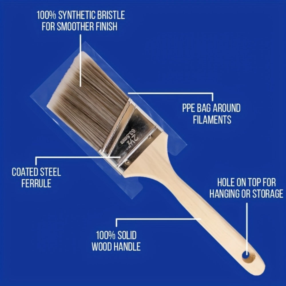 Paint Brushes Set 5 Piece Pro Grade Flat and Angle Brush Kit for Latex Oil Paint Stain Varnish Interior Exterior Wall Trim Furniture Home