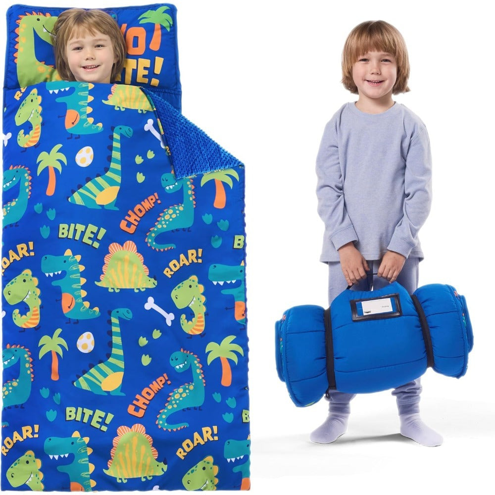 Kids Nap Mat with Removable Pillow & Minky Blanket - Roll-Up Sleeping Bag for Boys Girls, Blue Dinosaur Design