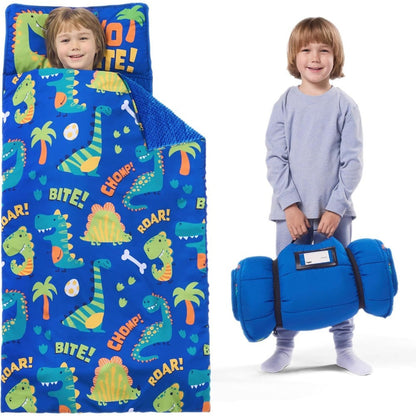 Kids Nap Mat with Removable Pillow & Minky Blanket - Roll-Up Sleeping Bag for Boys Girls, Blue Dinosaur Design