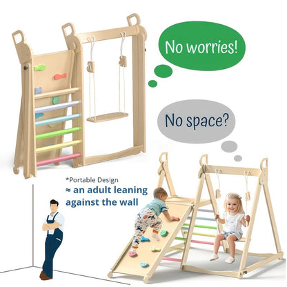 Foldable Indoor Wooden Jungle Gym for Toddlers, 4-in-1 Climbing Frame with Swing, Slide & Ladder