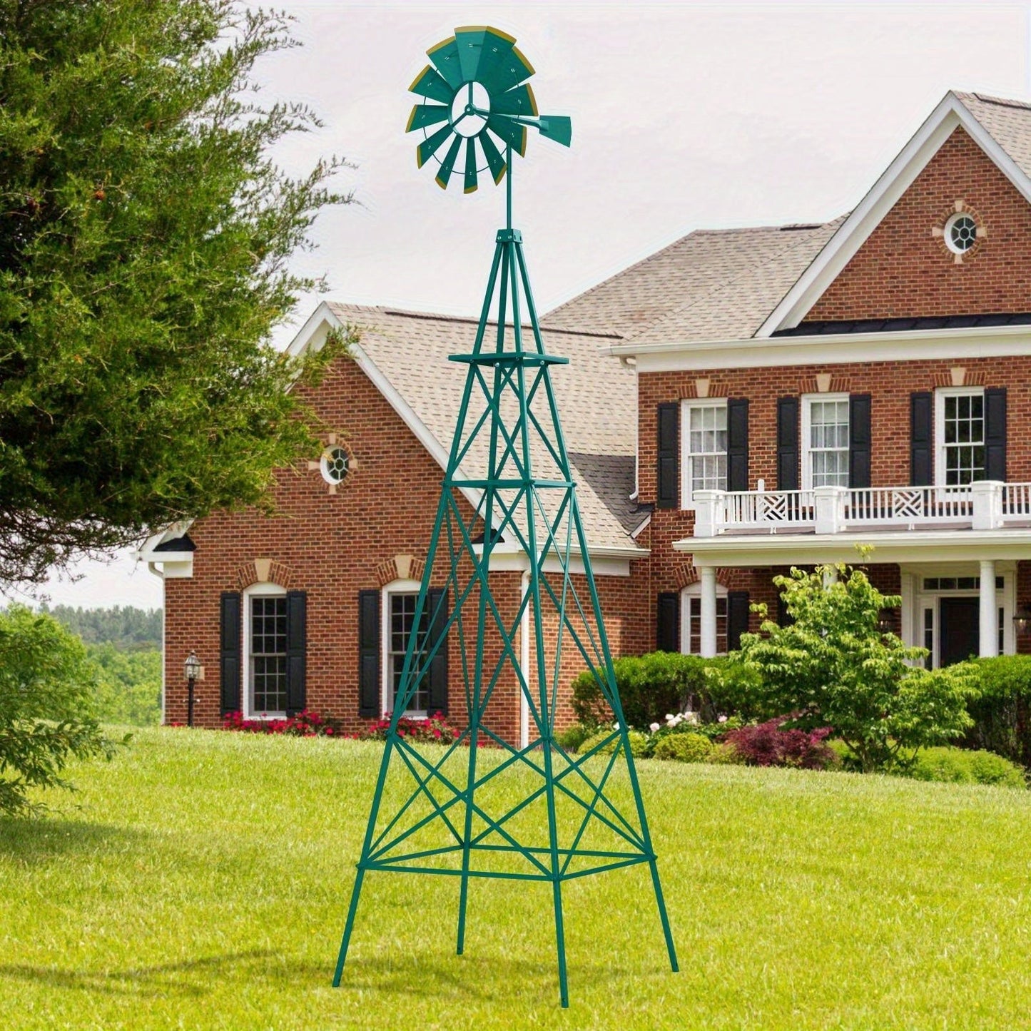 Decorative Windmill 8 ft Metal Outdoor Garden Windmill with Weathervane 4 Ground Stakes All-Weather for Garden, Patio and Yard Use