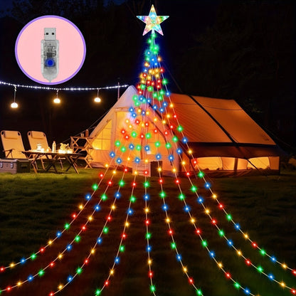Christmas Tree Waterfall Fairy Lights 200 LED with Star Top Decoration, 8 Lighting Modes, Battery