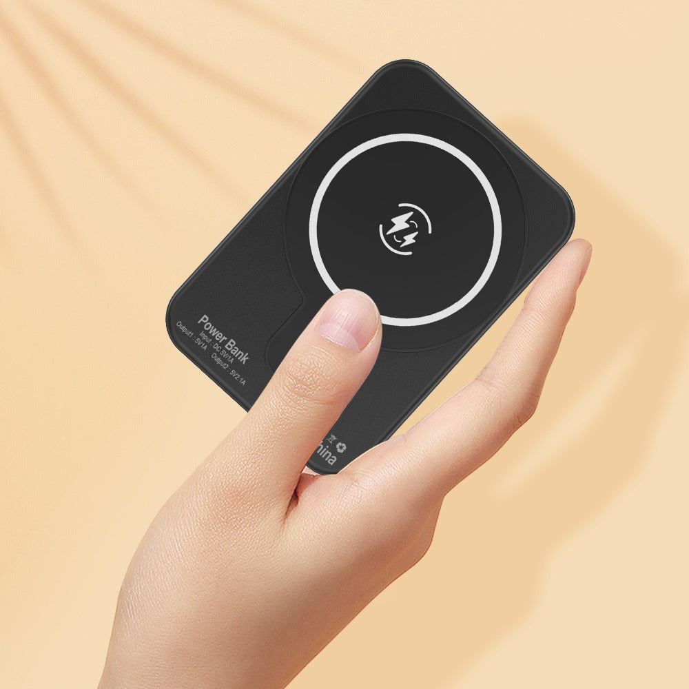 Black 10000mAh-Labeled Magnetic Wireless Power Bank with Dual USB-A Ports and Indicator Lights