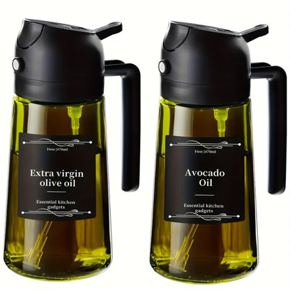 Olive Oil Dispenser Bottle 2-in-1 Glass Oil Sprayer & Dispenser 16oz Kitchen Cooking Oil Bottle with Labels for BBQ, Salad