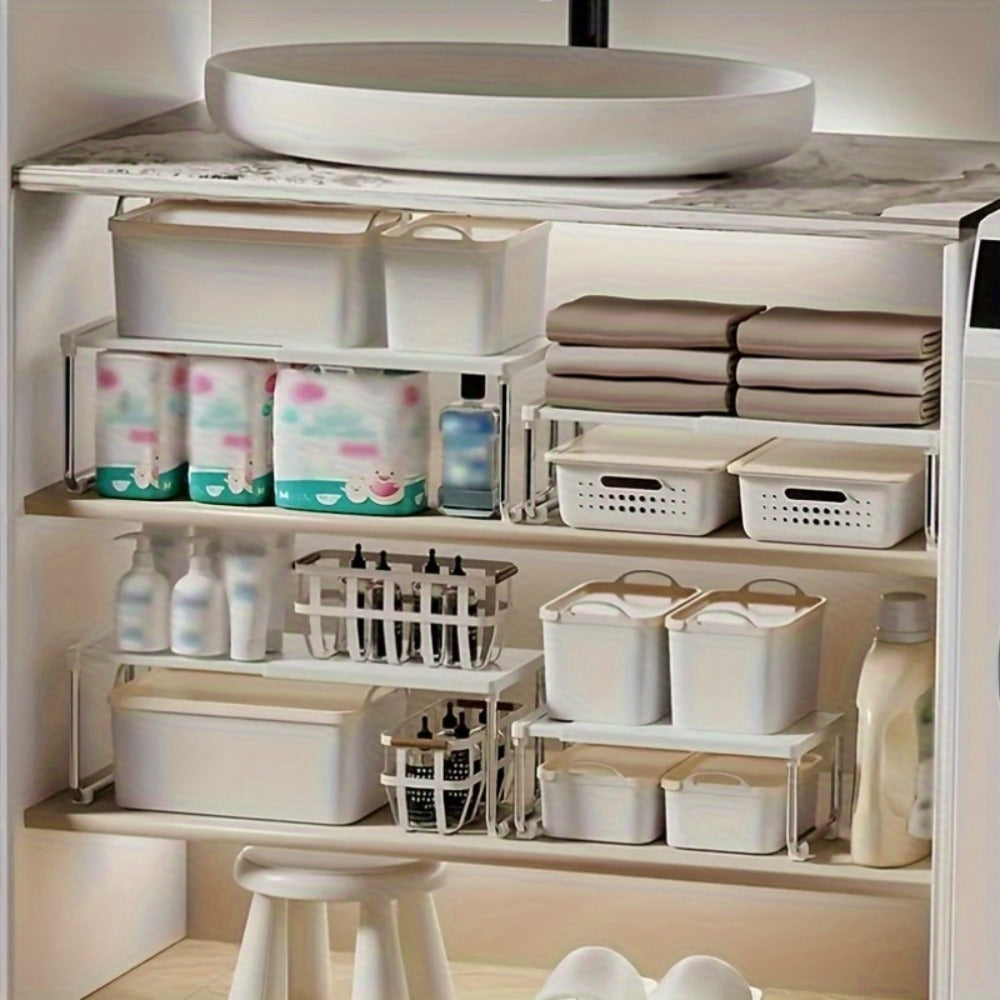 Expandable Countertop Shelf Riser with Short Legs, White or Cream Finish and 11.2- to 20.3-Inch Width