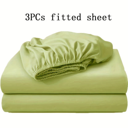 Three-Piece Solid-Color Fitted Sheet Set with Two Pillowcases, Nine Colors and Four Bed Sizes