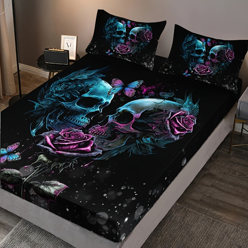 Gothic Skull Rose Fitted Sheet Set 3-Piece Halloween Bedding, HD Print Skull Flower Deep Pocket Fitted Sheet with 2 Pillowcases