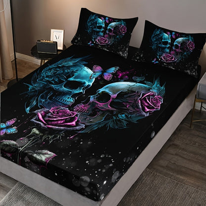 Gothic Skull Rose Fitted Sheet Set 3-Piece Halloween Bedding, HD Print Skull Flower Deep Pocket Fitted Sheet with 2 Pillowcases