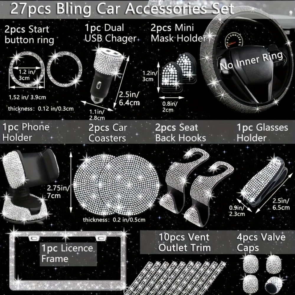 Bling Car Accessories Set 27pcs – Glitter Steering Wheel Cover 15 Inch, Bling License Plate Frame, Phone Holder & Car Coasters for Women