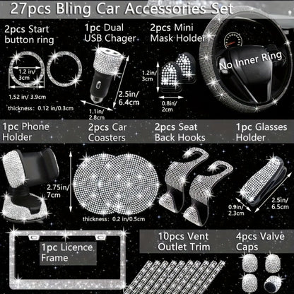 Bling Car Accessories Set 27pcs – Glitter Steering Wheel Cover 15 Inch, Bling License Plate Frame, Phone Holder & Car Coasters for Women