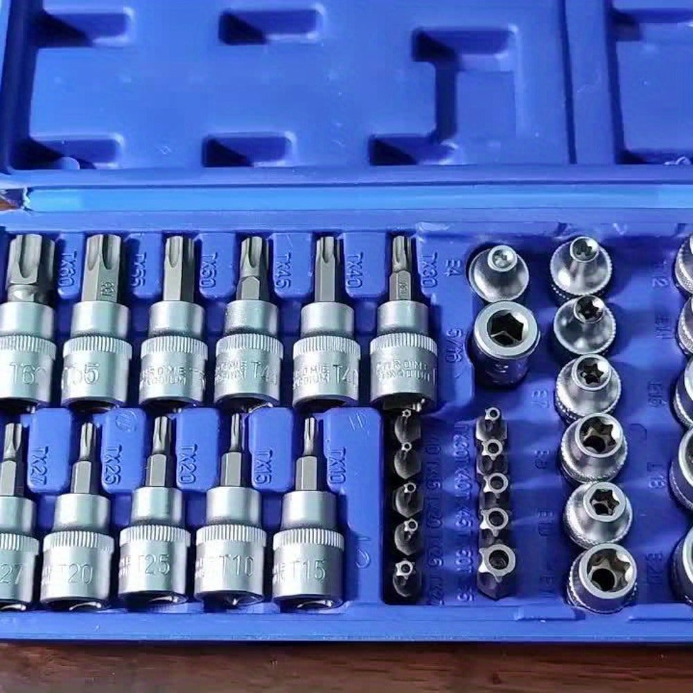 Torx Star Bit Socket Set 34/46-Piece – 3/8" Drive CR-V E-Socket E4-E20, T10-T60, Tamper-Proof TT10-TT55, S2 Steel, 5/16"F to 3/8"M Adapter