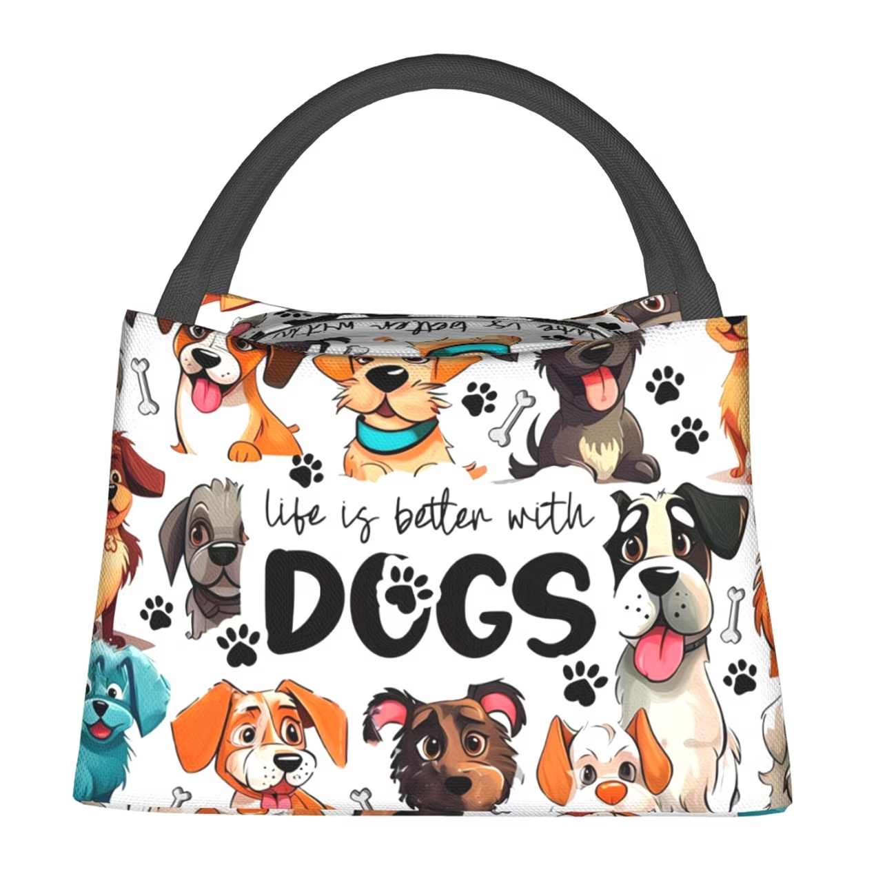 Dog-Print Lunch Tote with Black Handles in a 10.6 x 6.3 x 6.7-Inch Single Checkout and Zip Top