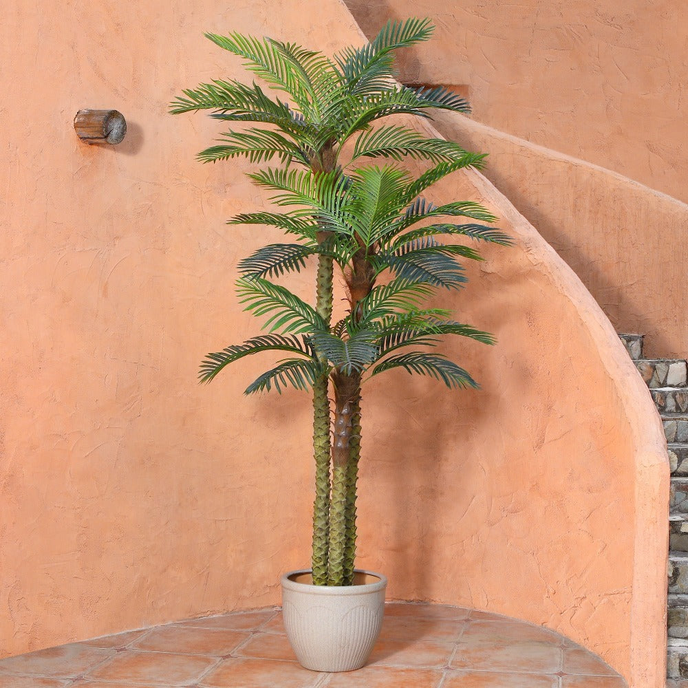 Artificial Palm Tree with Potted Base in 8 or 10 Foot Heights and Layered Golden Cane-Style Trunks