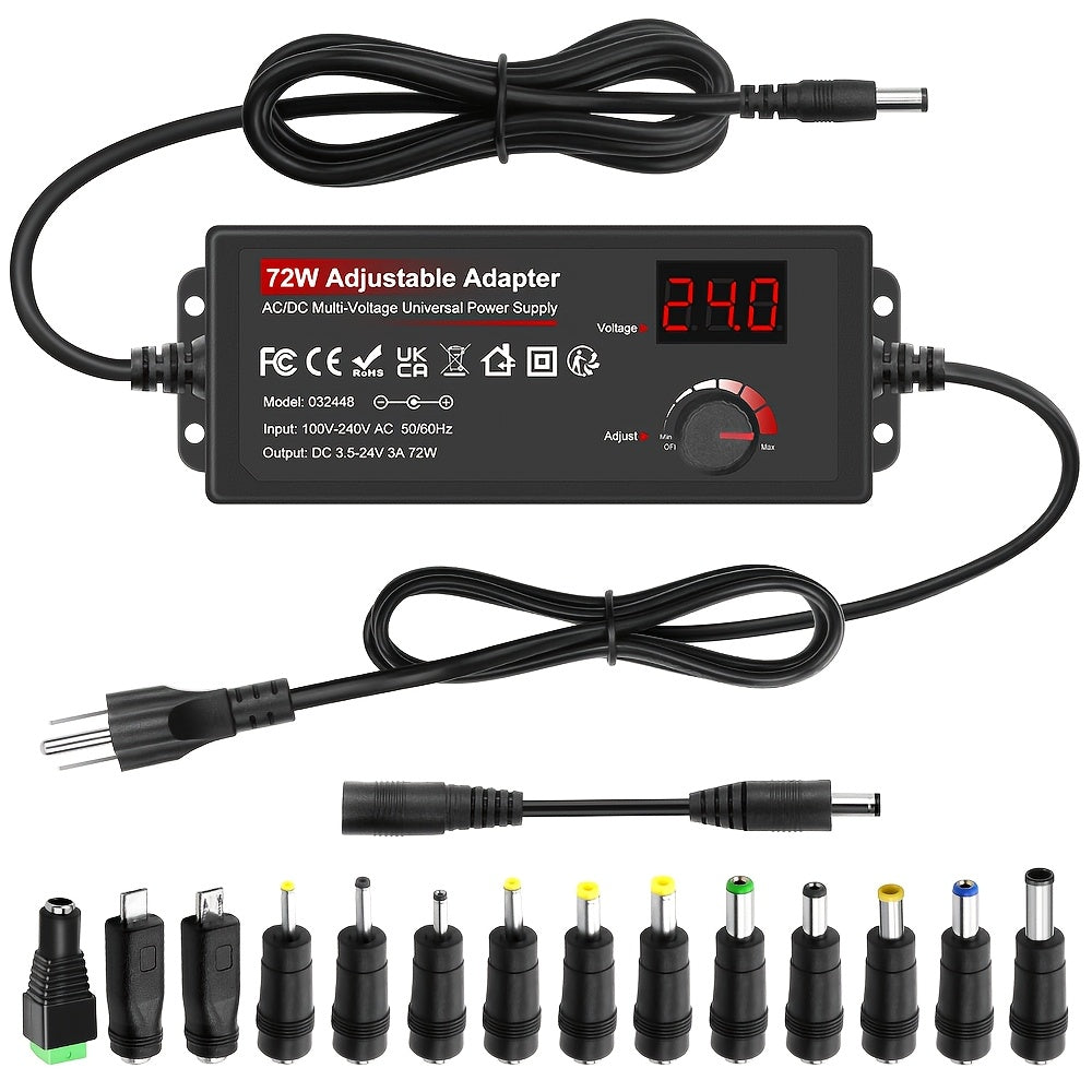 Adjustable 3–24V AC/DC Power Adapter with 72W Label, LCD Readout, Knob Control and Connector Set
