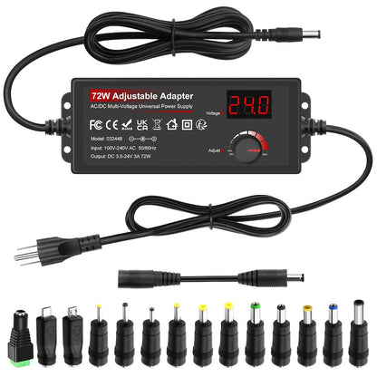 Adjustable 3–24V AC/DC Power Adapter with 72W Label, LCD Readout, Knob Control and Connector Set