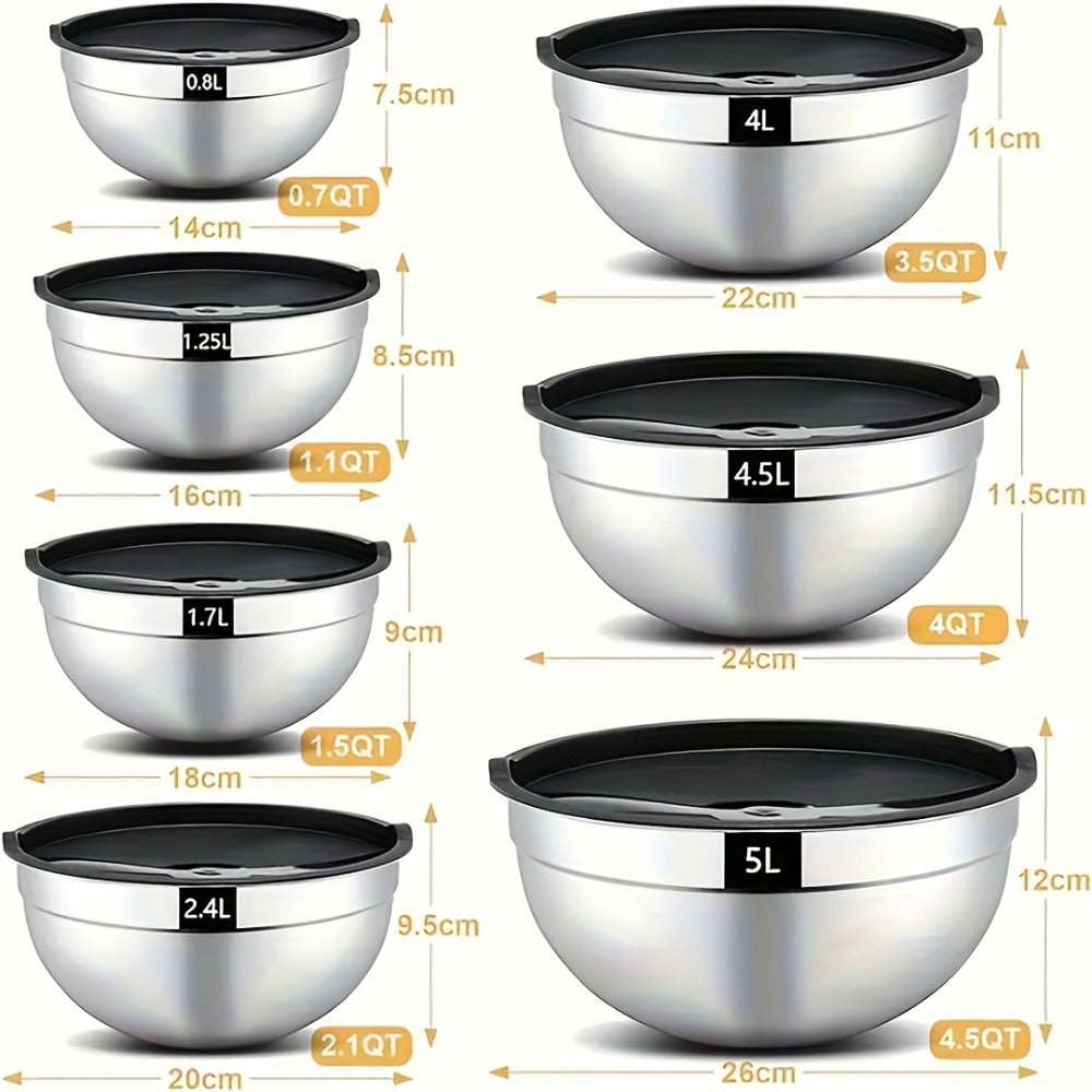 Stainless Steel Mixing Bowls with Airtight Lids Set of 14 Seven Nesting Bowls 0.7 to 4.5QT for Home Cooking, Dining and Outdoor Meals