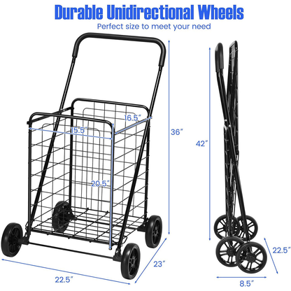 Rolling Shopping Cart Metal Basket, Foldable Grocery Utility Cart with Foam Handle Large Wheels 22 Gal for Supermarket Laundry Warehouse