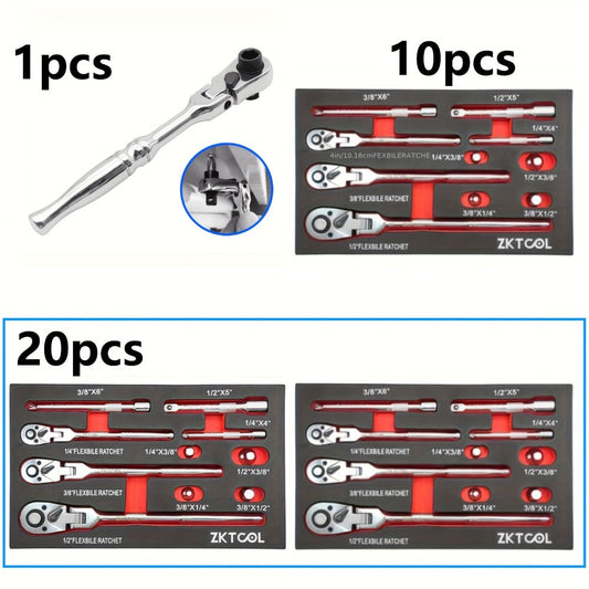 Swivel Head Ratchet Wrench Set – Spring-Loaded Flex Head 1/4" 3/8" 1/2" Drive with Extension Bar, Single or Multi-Pack for Auto & Mechanical