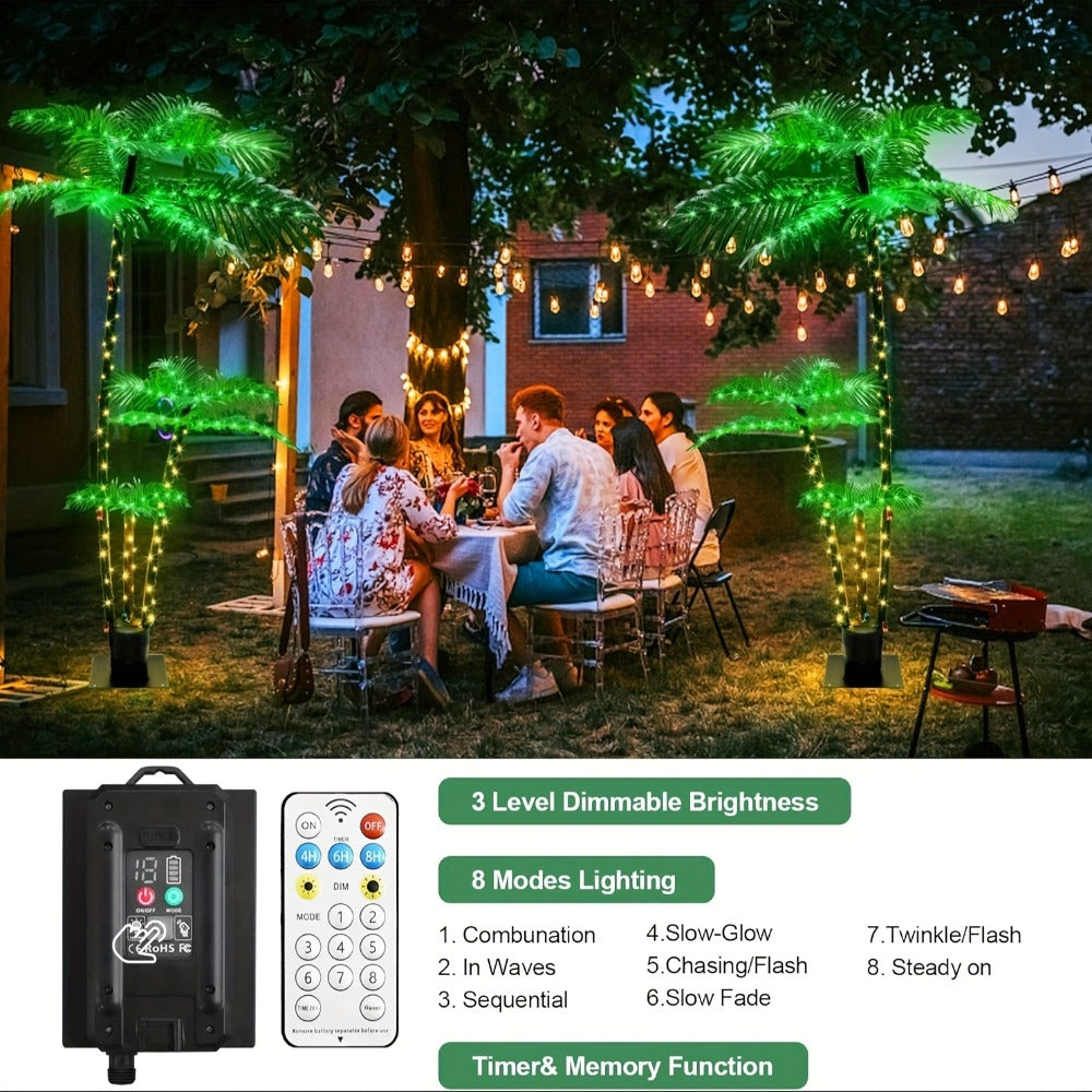 Solar Powered Artificial Palm Tree 7ft Triple Trunk 260 LED Lights 8 Modes Dimmable Timer for Entryways, Bedrooms and Living Spaces