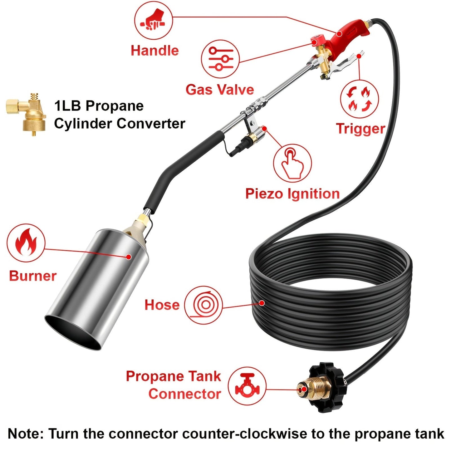 Weed Burner Torch Propane with 10ft Hose & Turbine Trigger, High-Output Flame Weeder with Cylinder Converter for Garden Weeding