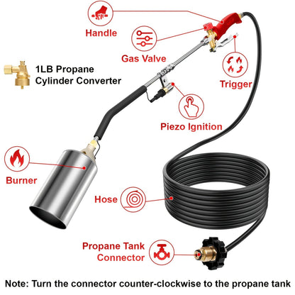 Weed Burner Torch Propane with 10ft Hose & Turbine Trigger, High-Output Flame Weeder with Cylinder Converter for Garden Weeding