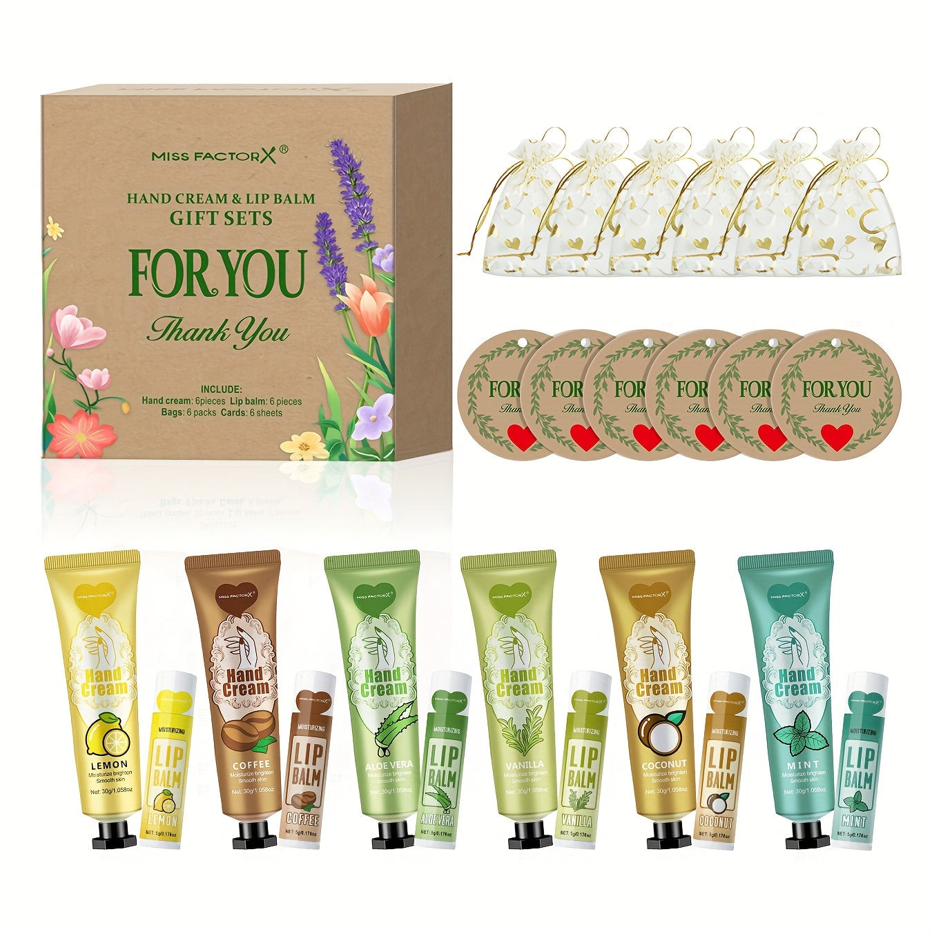Bridal Shower Favor Set with 24 Hand Creams, Lip Balms, Thank You Cards and Heart Gift Bags
