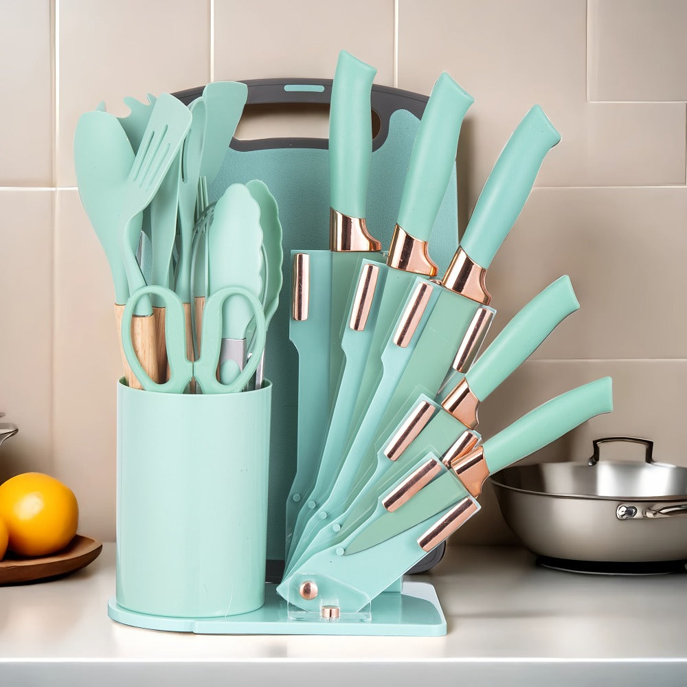 Kitchen Knife Set 19-Piece with Stainless Steel Blades, Wood Handles, Silicone Utensils, Board, Shears and Holder
