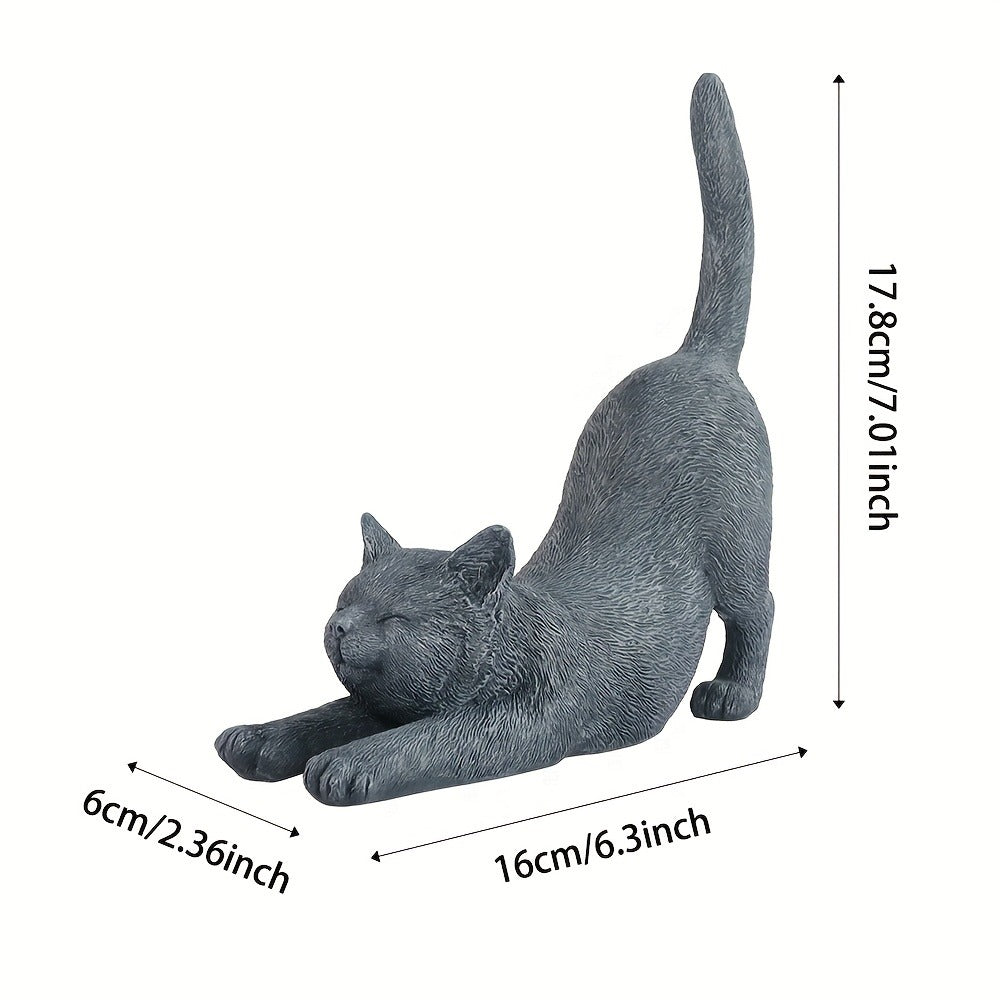 Yoga Cat Statue Hand-Painted Stretching Cat Figurine Grey Resin Decorative Sculpture for Home Office for Garden, Patio and Yard Use